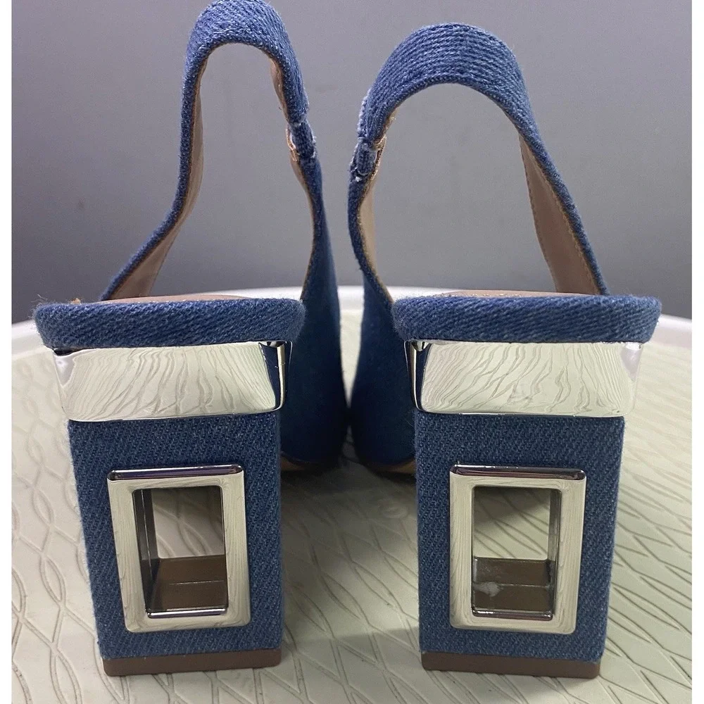 Katy Perry Women Denim Blue Dress Shoes Sling Back Silver Hollow Heel 5.5 M